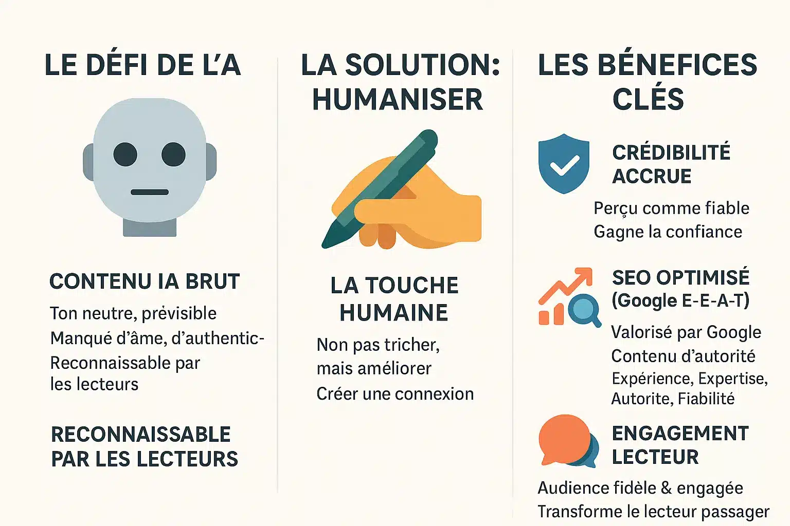 Illustration montrant le processus d'humanisation du contenu généré par IA