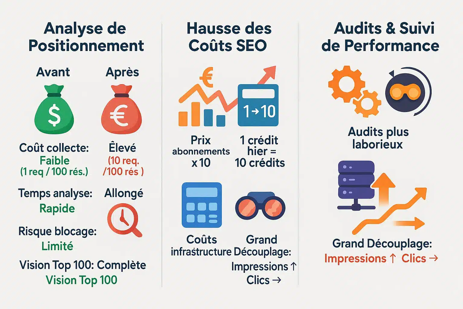 Représentation visuelle de l'impact de la suppression du paramètre num=100 sur les outils SEO
