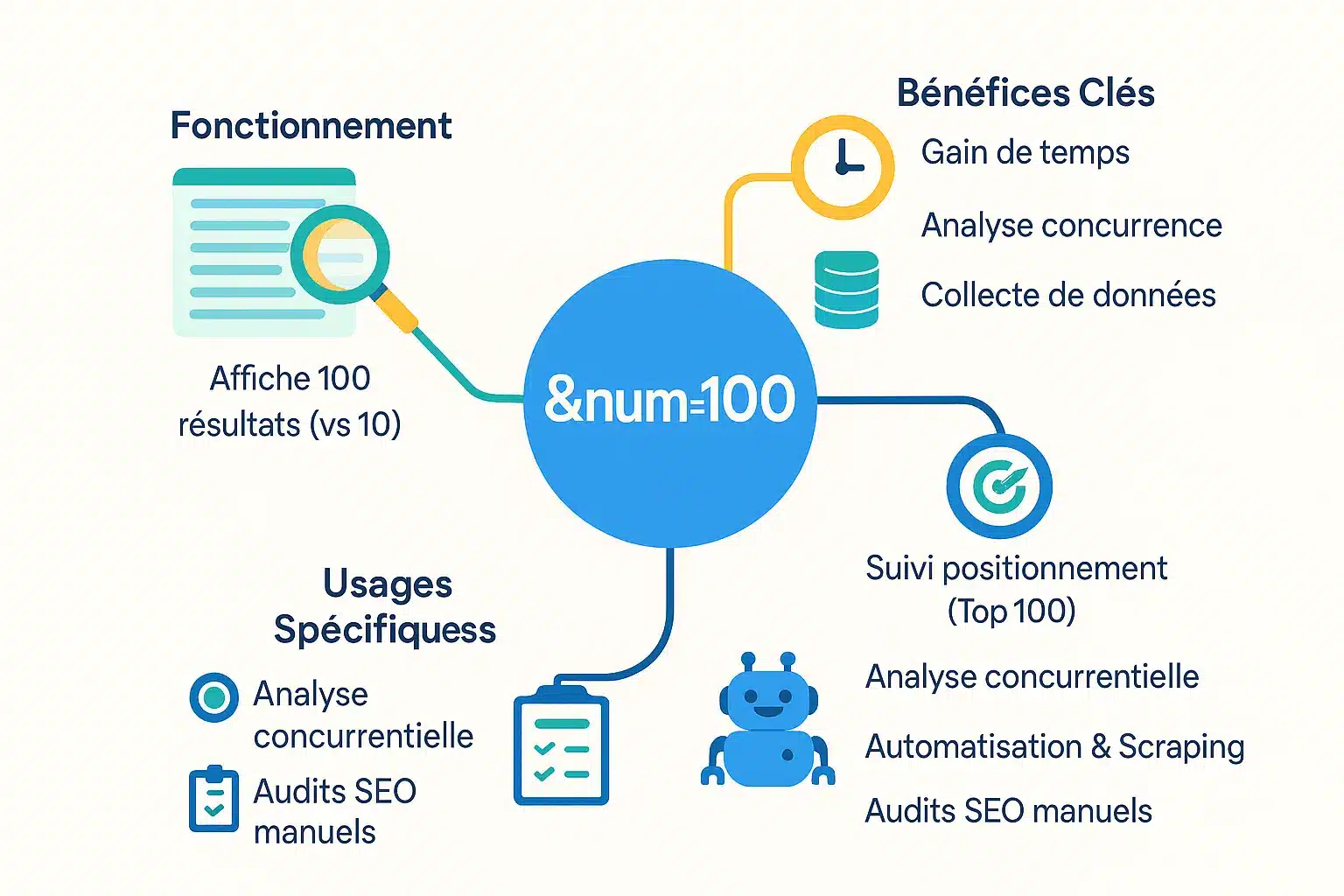Infographie sur le paramètre d'URL &num=100 et son impact SEO