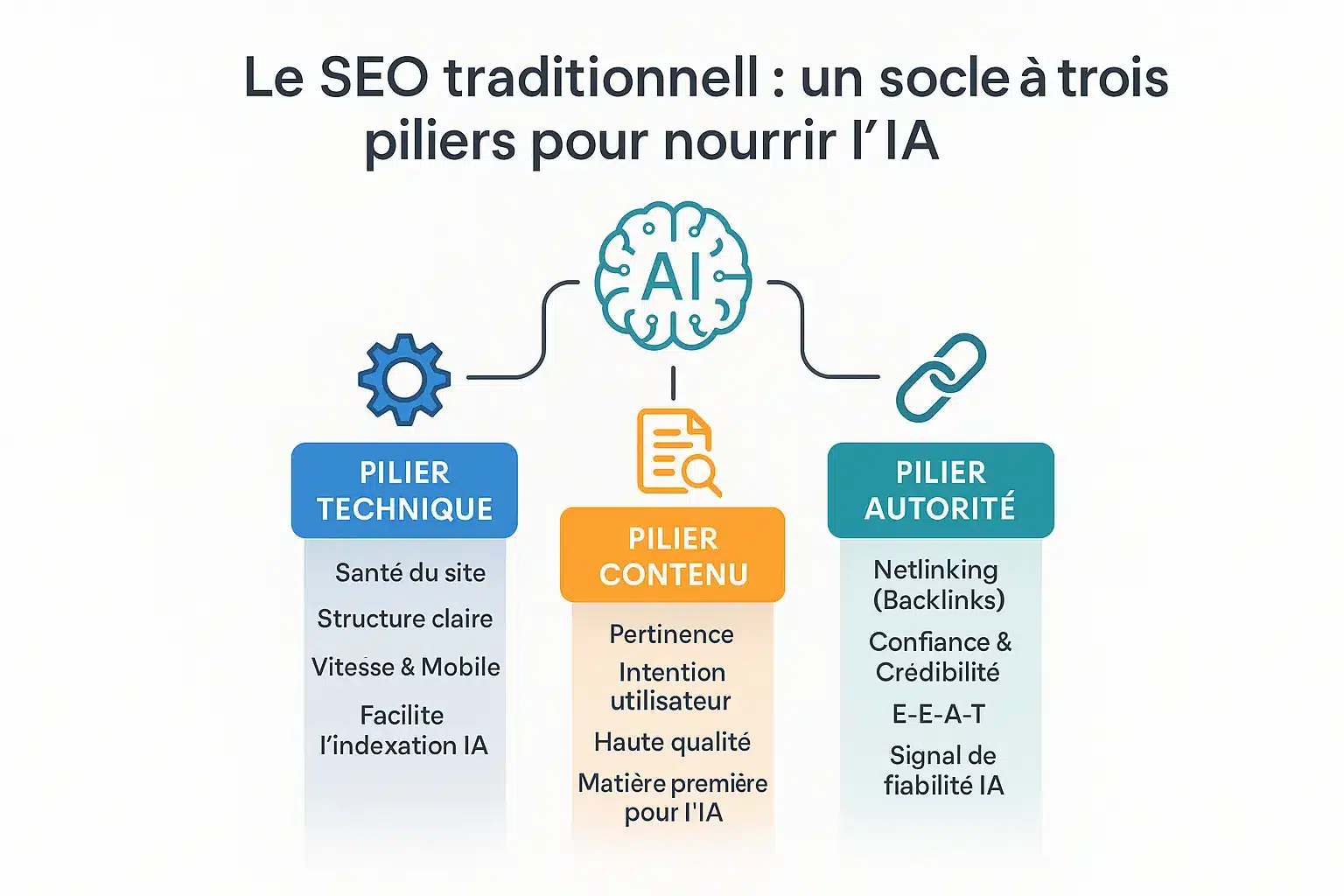 Schéma des trois piliers du SEO traditionnel : technique, contenu et autorité